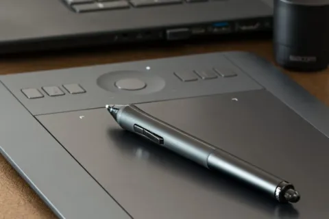 Seseorang sedang menggunakan tablet canggih dengan stylus pen untuk bekerja kreatif secara produktif