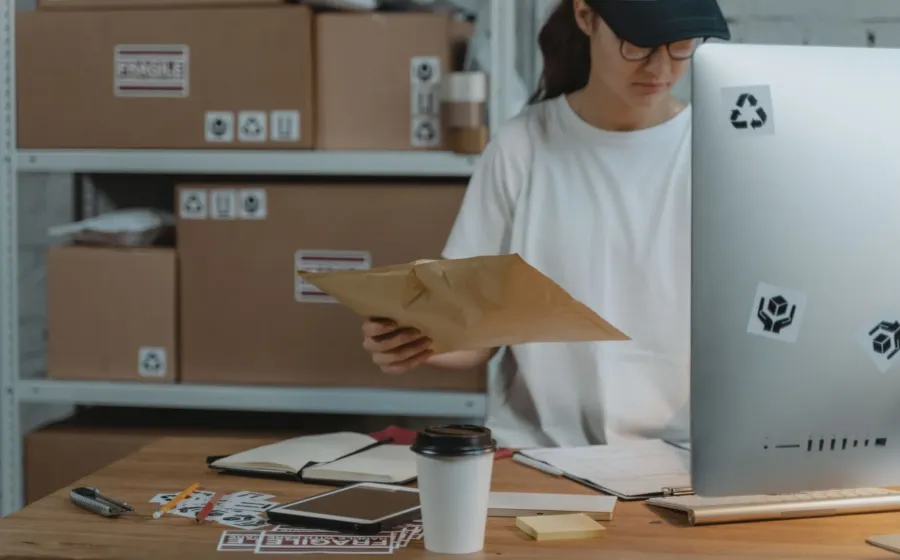 Seseorang sedang menyiapkan paket produk untuk pesanan toko online di atas meja kerja