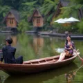 Pasangan berjalan santai di kebun teh kawasan wisata romantis untuk pasangan di Bandung